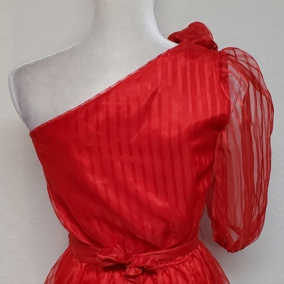 VINTAGE 1970s Shangri-La Red Pinstripe One-Shoulder Belted Midi Dress ILGWU - Picture 14 of 16